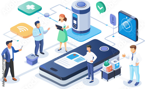 Flat isometric graphic of wearable device connectivity: a smart insulin pump transmitting data via Bluetooth to a smartphone app, with doctors observing on screens .