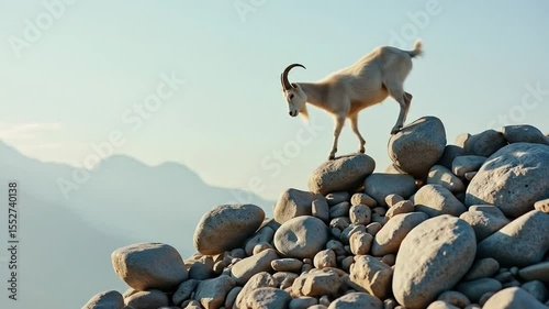 Standing Goat on Rocks Overlooking Mountain Range Nature Wildlife