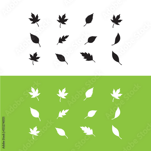 Black and White Leaf Silhouettes on White and Green Backgrounds