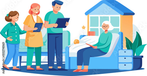 Isometric vector of a home healthcare visit: a nurse with a tablet updating patient records while standing by a bedroom, with family members listening.
