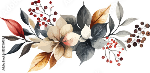 Elegant Watercolor Autumn Floral Arrangement with Berries