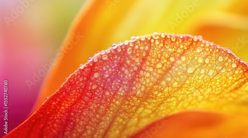Dewdrops on vibrant flower petal.
