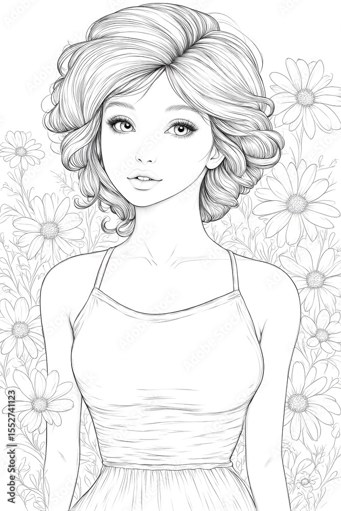Woman with a flowery background. She is wearing a white dress. The drawing is of a girl with a flowery background Woman with a flowery background. She is wearing a white dress. The drawing is of a girl with a flowery background