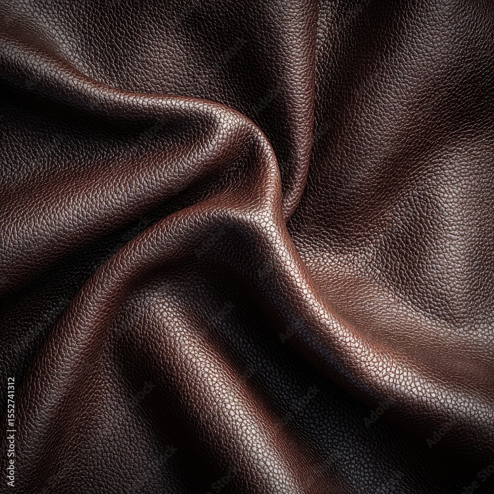Fototapeta premium Close-up of rich, dark brown leather exhibiting a soft, draped texture with subtle light reflections, showcasing its grain and supple quality