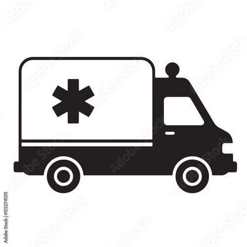 Black and white ambulance icon representing emergency medical services and healthcare assistance