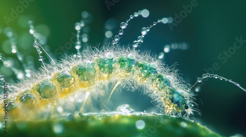 DewCovered Caterpillar on Leaf.