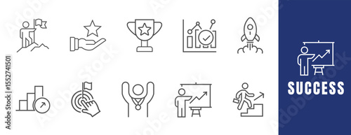 Success web Icons: An illustrative collection of success icons, each carefully crafted to symbolize the journey towards achievement and the various facets of triumph.