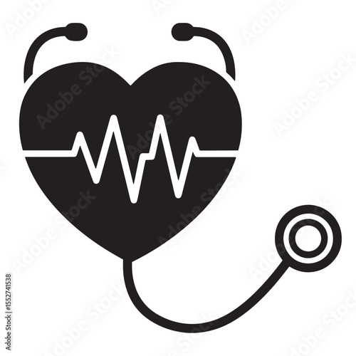 Black and white graphic representation of a stethoscope and heartbeat pulse within a heart shape