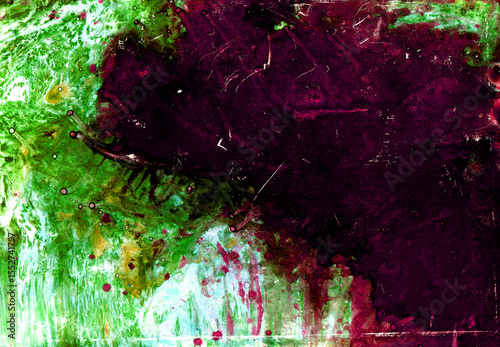 Abstract texture background. Large purple black spot on the right side of the background. White green texture background around. Different shades, textures. Blue, pink drops. White lines. Chaotical.