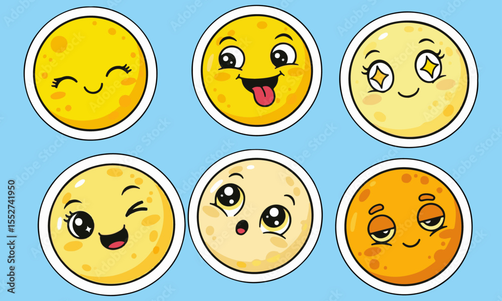 Fototapeta premium Cheerful Yellow Emoticon Stickers, emoticon stickers with white outlines and various happy facial expressions,perfect for adding a touch of fun in digital communication