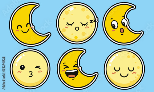  Cheerful Yellow Emoticon Stickers, emoticon stickers with white outlines and various happy facial expressions,perfect for adding a touch of fun in digital communication