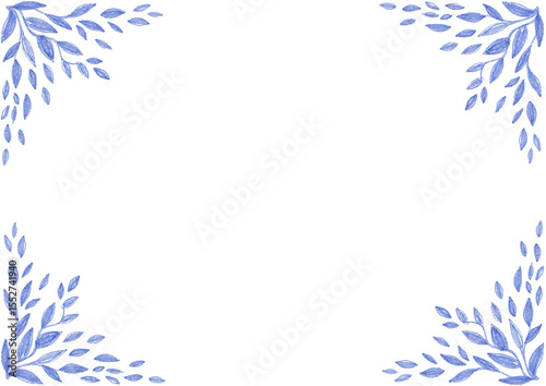 Frame. In each corner of the background there are patterns consisting of leaves of different sizes. Blue color. Drawing with colored pencils. White copy space. Invitation, postcard, certificate.