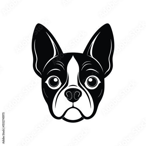 A black and white tattoo art silhouette illustration of a Boston Terrier face.eps