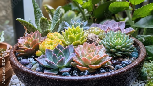 Colorful Succulents in Clay Pot.