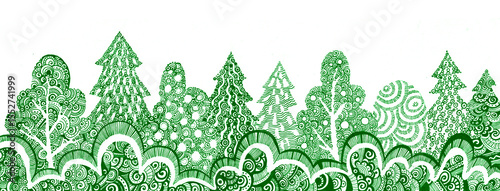 Panorama of the forest with different types of trees and bushes. Green color on a white background. Tree texture consists of white lines, dots, waves, drops, strokes, branches. Doodle.