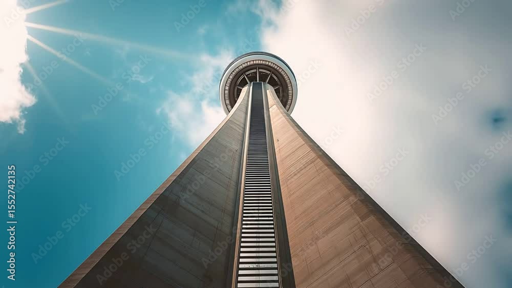 Beige Geometric Tower Against Bright Sunny Sky