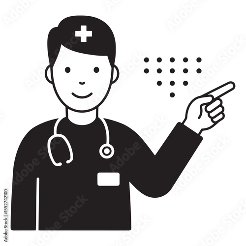 Black and white illustration of a friendly doctor pointing towards medical symbols or data