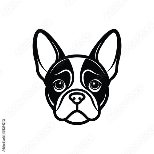 A black and white tattoo art silhouette illustration of a French Bulldog face.eps