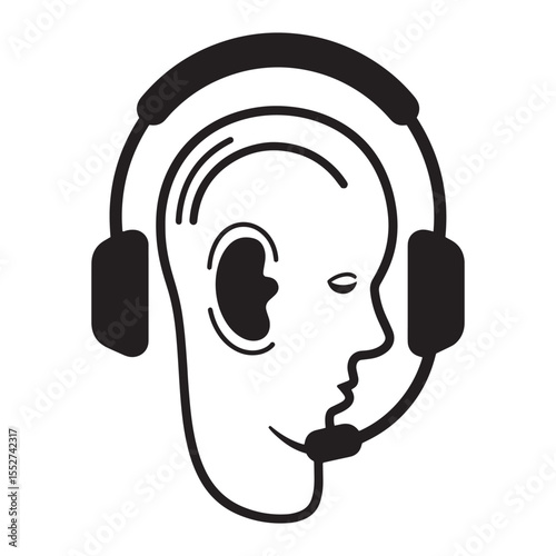 Black and white illustration of a person wearing a headset for customer service