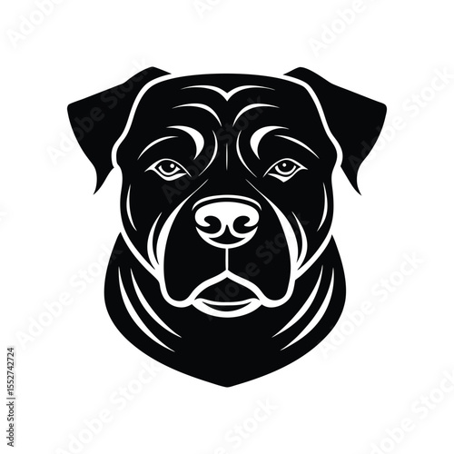 A black and white tattoo art silhouette illustration of a Rottweiler face.eps