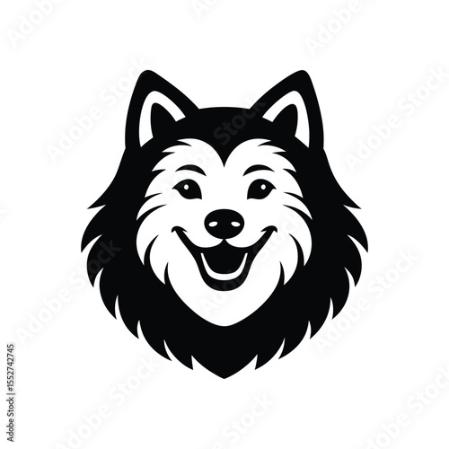 A black and white tattoo art silhouette illustration of a Samoyed dog face.eps