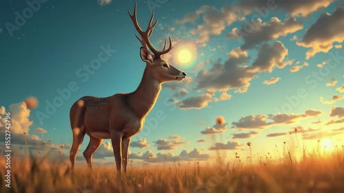 Deer Standing Tall in Golden Field at Sunset Calm Animal Wildlife Scene