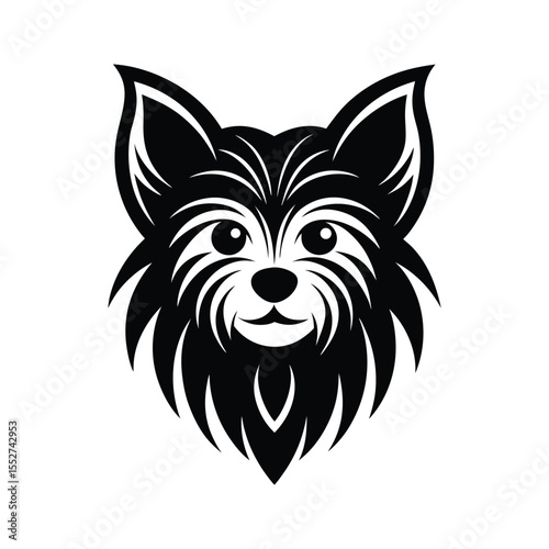 A black and white tattoo art silhouette illustration of a Yorkshire Terrier face.eps