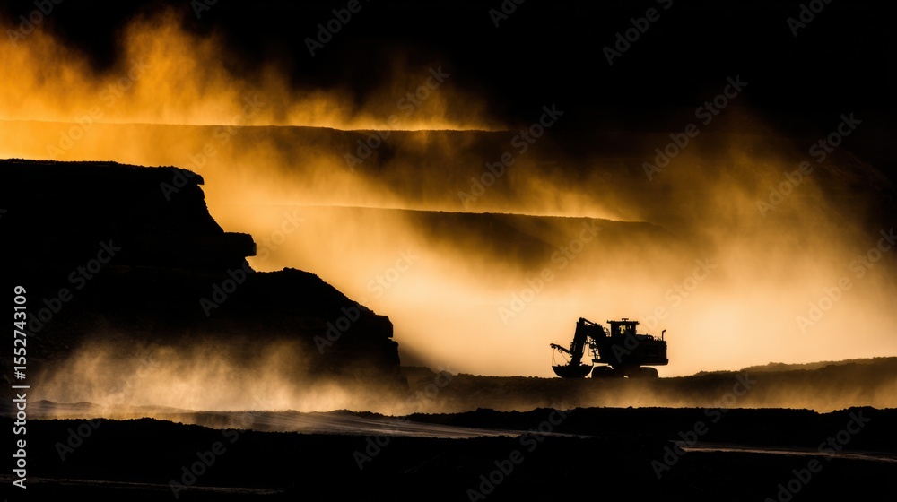 Fototapeta premium Massive excavator in open-pit mine with tiered earth mounds, golden dust cloud illuminated by warm sunlight, dramatic silhouette contrast.