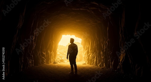 Man standing in dark cave tunnel entrance looking towards bright hopeful light emerging from exit symbolizing journey discovery and new beginnings