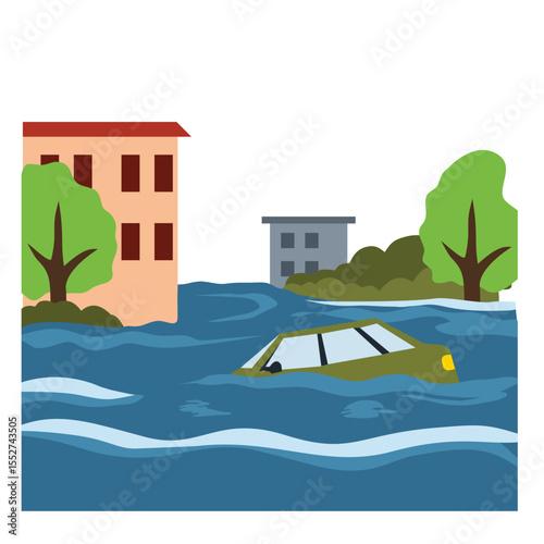 Flooded city scene illustration with submerged buildings, houses, and cars