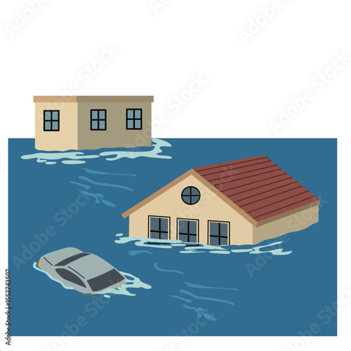 Flooded city scene illustration with submerged buildings, houses, and cars