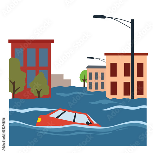 Flooded city scene illustration with submerged buildings, houses, and cars