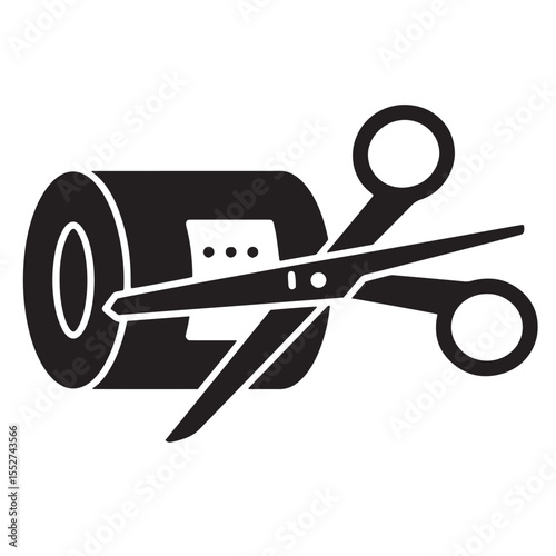 Black and white vector illustration of scissors cutting bandage roll for medical use