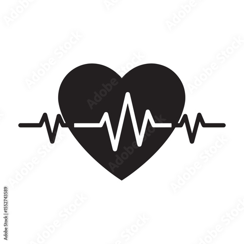 Black heart shape with ecg line representing healthcare and medical symbols