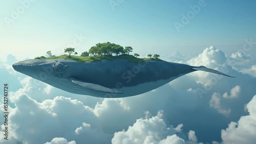 Whale Floating with Island on Back in Sky with Clouds Fantasy Concept
