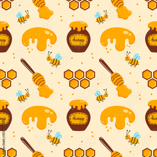 seamless pattern on the theme of honey and beekeeping. Background for sewing clothes or printing on fabric. Honeycombs.