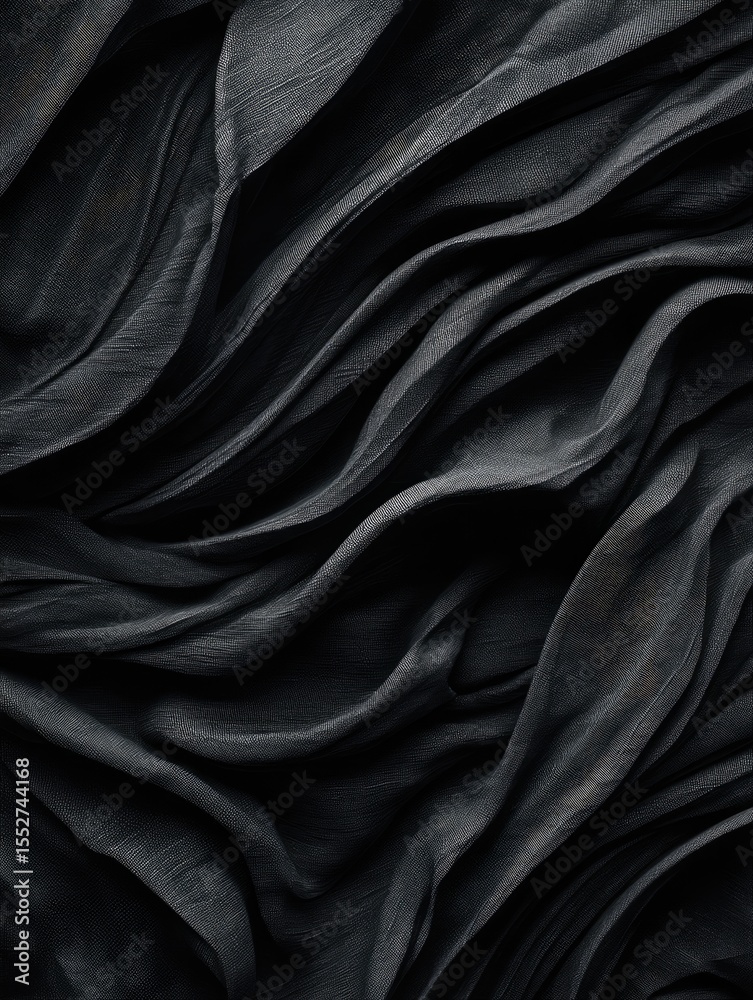 Fototapeta premium Dark, charcoal-grey fabric with deep, undulating folds and creases creating a dramatic, textured surface