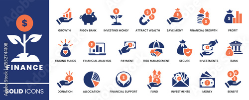Finance Solid web Icon Collection: A collection of finance solid icons represents financial concepts. Each icon is a visual symbol designed to convey a specific meaning. From money.