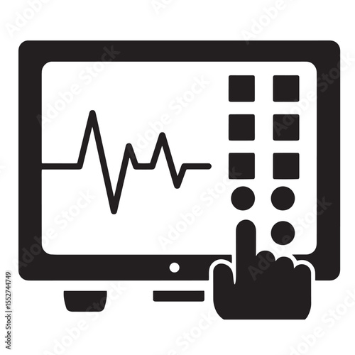 Medical monitor displaying heart rate with finger touching a button digital illustration