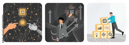 Hands of Robot and Human. Businessman Touching AI. Arranging AI Wood Blocks.