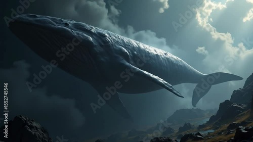 Whale Floating Over Rocky Landscape Dramatic Sky