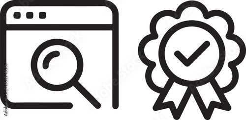 Search Engine Optimization and Quality Assurance Visual Representation Streamlined Icons for Web Development and Marketing Solutions Black and White