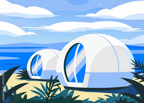 Eco-Retro Futuristic Bio-Dome Architecture by the Ocean with Surreal Nature for Sustainability Blogs, Design Websites, Environmental Awareness, and Artistic Concepts  