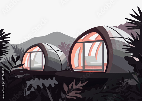 Eco-Retro Futuristic Biomorphic AI Architecture Surrounded by Lush Plants for Blogs, Websites, Sustainable Design, Architecture Articles, and Environmental Awareness  