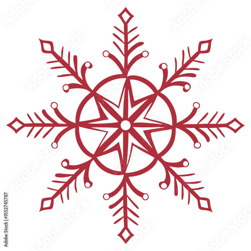 Stylized winter snowflake illustration in bold red line art