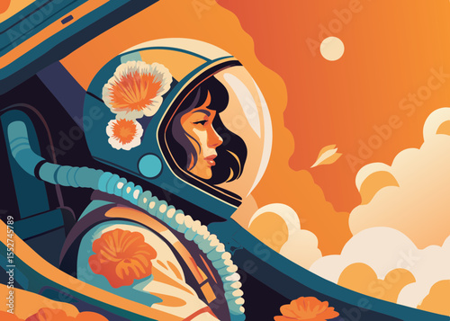 Astronaut with Floral Accents in Surreal Orange Sky for Eco-Retro Futurism Blogs, Art Websites, Science Fiction Articles, and Creative Projects  