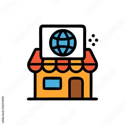 A colorful illustration of a shop with a globe sign, symbolizing global business.