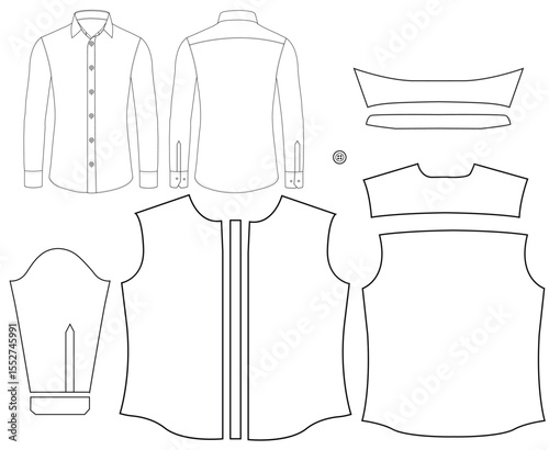 Men long sleeves shirt flat sketch vector illustration templet drawing mock up design