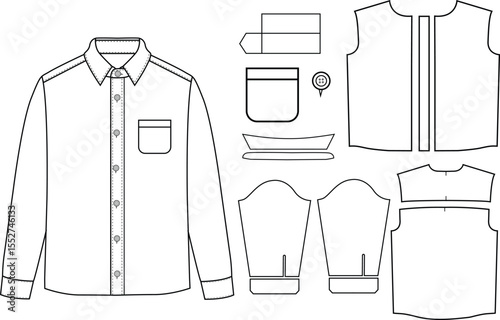 Men long sleeves shirt flat sketch vector illustration templet drawing mock up design