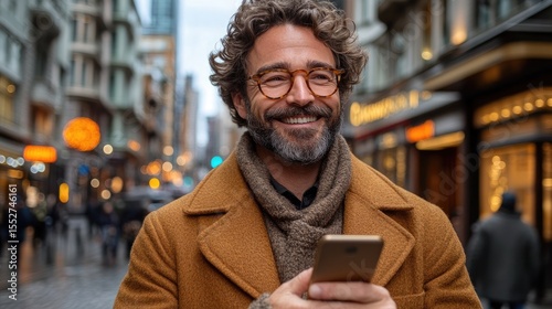 Smiling man city street phone.